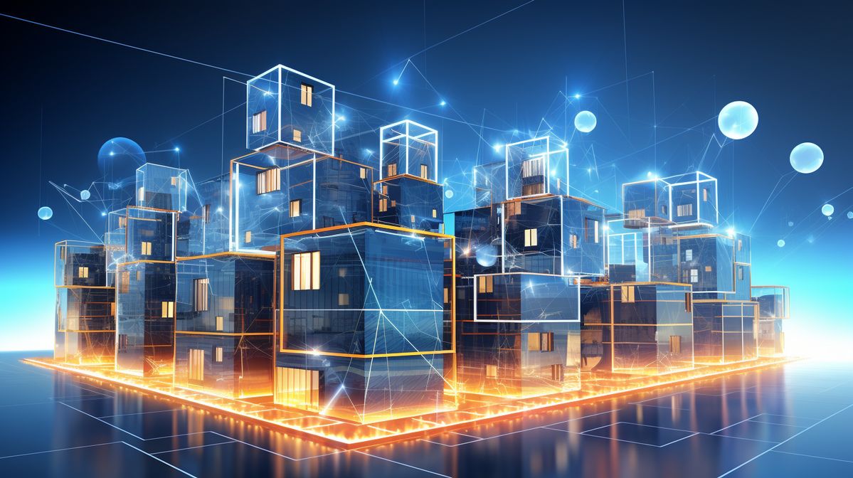 Skyline urbano con elementi digitali